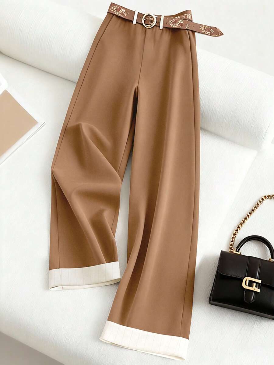 Franclia Slant Pocket Wide Leg Pants Without Belt - Brown - View 1