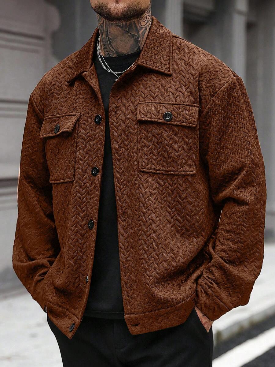 Manfinity CasualCool 男士夹克，男士纽扣前开襟长袖口袋简约夹克，休闲日常穿着，男士夹克，秋冬款男士夹克，男友礼物，保暖长袖休闲外套，适合外出穿着的宽松男士夹克，男士夹克，男士衬衫式棕色夹克，男士休闲夹克 - 棕色 - 查看 1