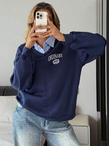 DAZY 女式秋冬落肩宽松时尚拼布羊毛卫衣 - 藏蓝色 - 查看 5