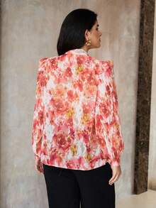 Flirla Áo cánh xếp ly voan in họa tiết thanh lịch cỡ lớn dành cho nữ, mùa xuân/thu - Nhiều màu - Xem 2