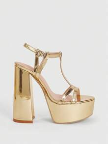 CUCCOO LuxiPop 女士户外圆头粗高跟防水台凉鞋，金色 PU 材质，时尚简约舒适，适合日常、派对、宴会，踝带露趾 - 金色 - 查看 4