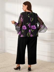EMERY ROSE Ensemble 2 pièces grande taille élégant, chemise à manches évasées et imprimé floral, et pantalon pour le travail - Multicolore - Voir 7