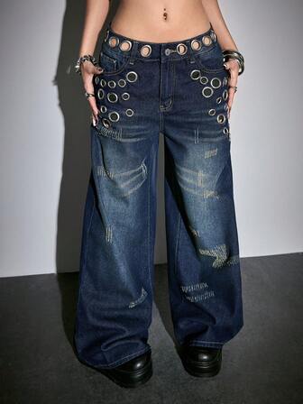 Grunge Punk Retro Streetwear Distressed Metallic Waist Low Rise Flare Leg Low Waist Jeans For Women