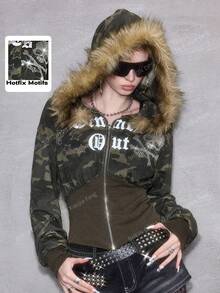 J-Fashion Women's Y2K Subculture Baddie Rhinestone Skull Camo Frayed Sweatshirt - Multicolor - View 1