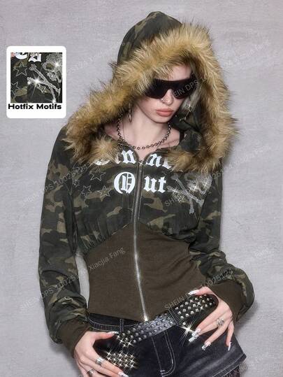 J-Fashion Women's Y2K Subculture Baddie Rhinestone Skull Camo Frayed Hoodie