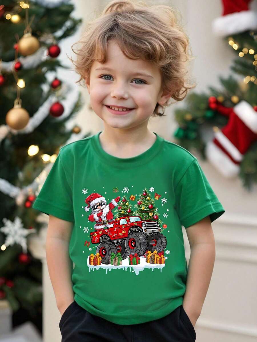SHEIN Kleine Jungen Weihnachtsshirt mit fröhlichem Cartoon Weihnachtsmann, Lastwagen und Schneeflocken Motiv, Rundhals Kurzarm, bequem für Weihnachtspartys - Dunkelgrün - Übersicht 1