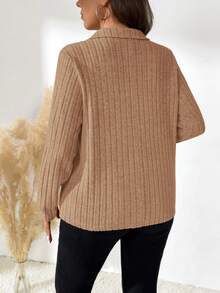 EMERY ROSE Plus Size Women's Solid Color Long Sleeve Ribbed Casual Loose T-Shirt, Autumn - Khaki - View 2