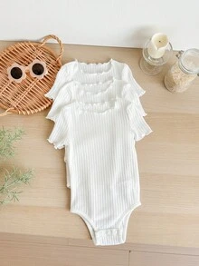 Set de 3 piezas de body de manga corta con cierre a presión, de punto elástico y unicolor, estilo casual y minimalista, adecuado para el verano - Blanco - Ver 6