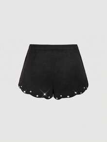 SHEIN MOD Women's Fashion Rhinestone Embellished Shell Trim Slant Pocket Shorts,Autumn/Winter,Thanksgiving,Christmas,New Year,Black Short,Party - Black - View 3