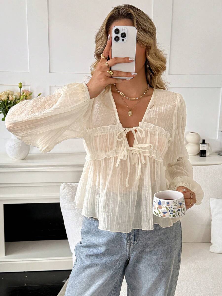 Serisse Women's Apricot Summer Boho Blouse,Frill Trim Front Tie Lantern Sleeve Solid Color Elegant Top,Suitable For Work,Commute,Brunch & Casual Fashion - Apricot - View 1