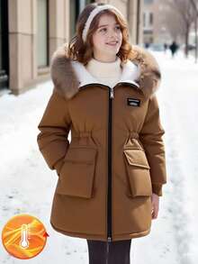 SHEIN Áo khoác Parka cho bé gái, Hàng mới về mùa đông, Cổ lông, Túi lớn, Có mũ trùm đầu, Thắt eo, Thời trang tối giản, Áo khoác cotton dài vừa phải - Màu Khaki - Xem 5