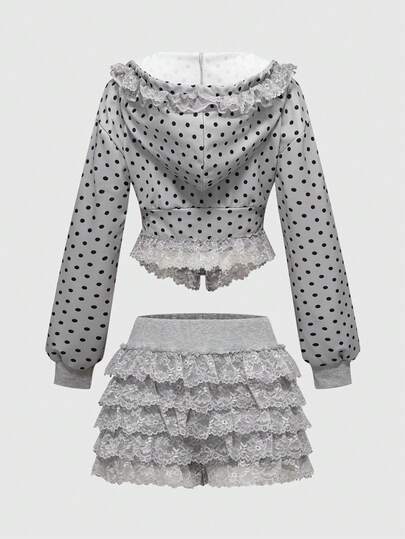 Kawaii Women's Cute Floral & Polka Dot Lace Bow Trim Sweatshirt Paired With Lace Mini Shorts 2 Pieces Set