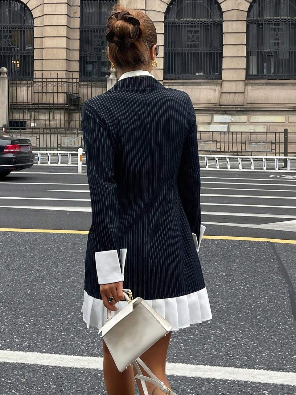 Women's Elegant Striped Color Block Tie Collar Pleated Short Dress, Autumn School
