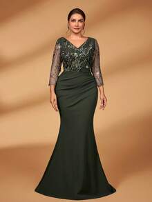 Serin Vestido formal elegante y romántico de talla grande en color gris-verde con escote en V profundo, mangas abullonadas, lujoso diseño de malla con lentejuelas y bajo de cola de sirena para novia y madre