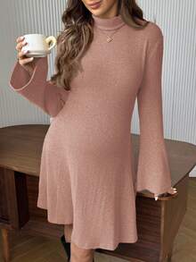 SHEIN 优雅纯色高领喇叭袖孕妇装，秋季 - 藕粉色 - 查看 4