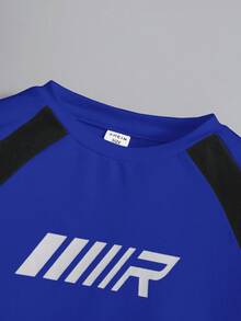 SHEIN Ensemble décontracté 2 pièces pour garçon : T-shirt à manches longues col rond et pantalon, style color block. Tenue de sport pour garçons, vêtements de sport pour enfants - Bleu azur - Voir 7