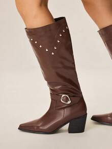 Styleloop Women's Simple Slip-On Comfortable Wooden Heel Warm Boots, Suitable For Halloween, Christmas, Party Outfits, Cowboy Boots - Coffee Brown - View 6