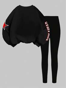 Slaydiva 2 pièces Ensemble Sweat-shirt col rond ample et legging moulant, blocs de couleurs avec imprimé numérique et lettrage de course - Multicolore - Voir 2