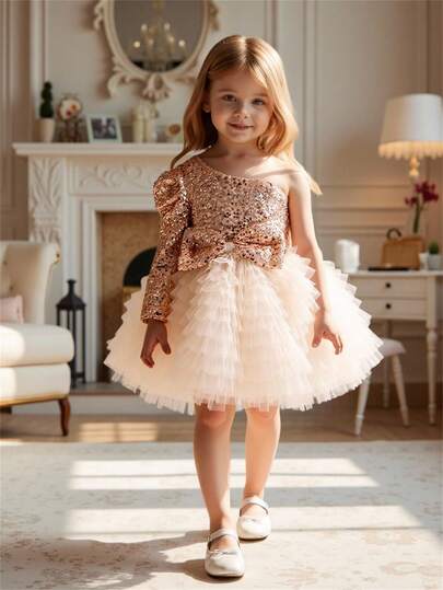 Glamorique Kids Paljettdekorerad tårtklänning med en axel för småbarnsflickor, festklänning