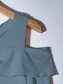 GlowEve Women's Elegant Solid Color Ribbed Off-Shoulder Long Sleeve T-Shirt - Dusty Blue - View 3
