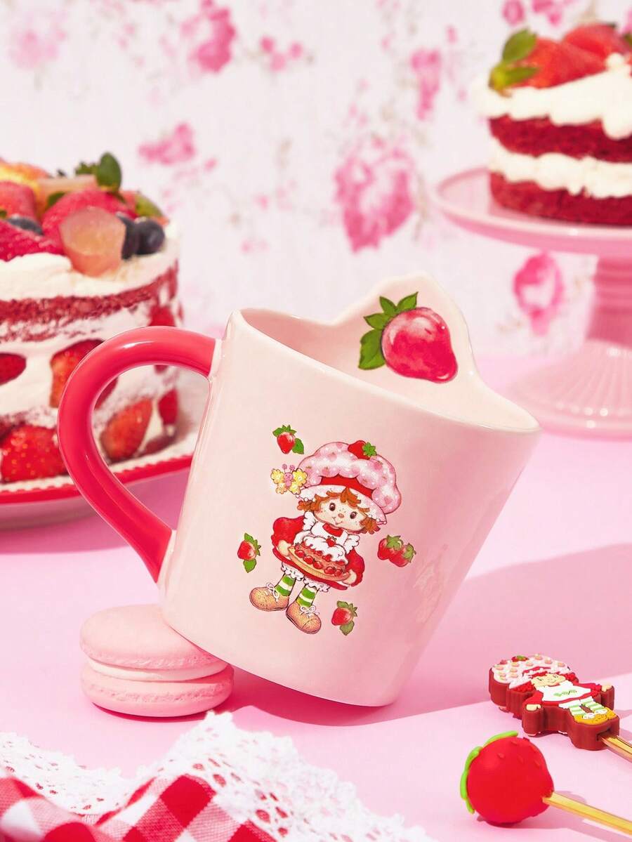 Strawberry Shortcake X SHEIN Cốc sứ in hình dâu tây, hình dáng đặc biệt, dùng được trong lò vi sóng và máy rửa chén, thích hợp đựng cà phê, sữa, nước ép, quà tặng, ý tưởng quà tặng. - Hồng - Xem 1