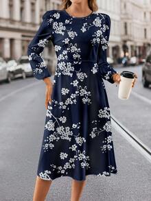 SHEIN Clasi Đầm ôm cổ tròn tay dài họa tiết hoa màu xanh navy dành cho nữ, phù hợp cho mùa thu/đông - Nhiều màu - Xem 4