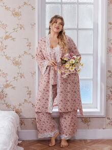 CottageSlumber 3pcs Plus Size Lace Patchwork Floral Print Sleepwear Set - Robe, Camisole Top, And Pants Fall Winter Clothes - Pink - View 4