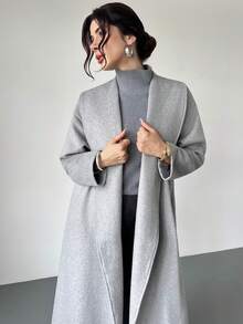 Firerie Women's Elegant Minimalist Commute & Casual Urban Fashion Turndown Collar Pocket Long Gray Overcoat, Autumn Winter Clothes For Women Cozy Fall And Winter Clothes For Women,Fall,Fall Clothes For Women - Grey - View 3