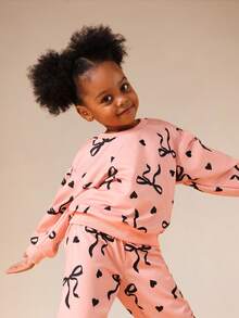 SUMWON Girls Pink Bow Print Sweatshirt And Joggers Coordinated Set Long Sleeve Crew Neck Casual Lounge Outfit - Pink - View 5