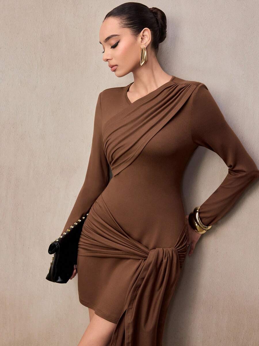 Modelyn Short Elegant Coffee Color Tie Waist Dress For Women, Autumn