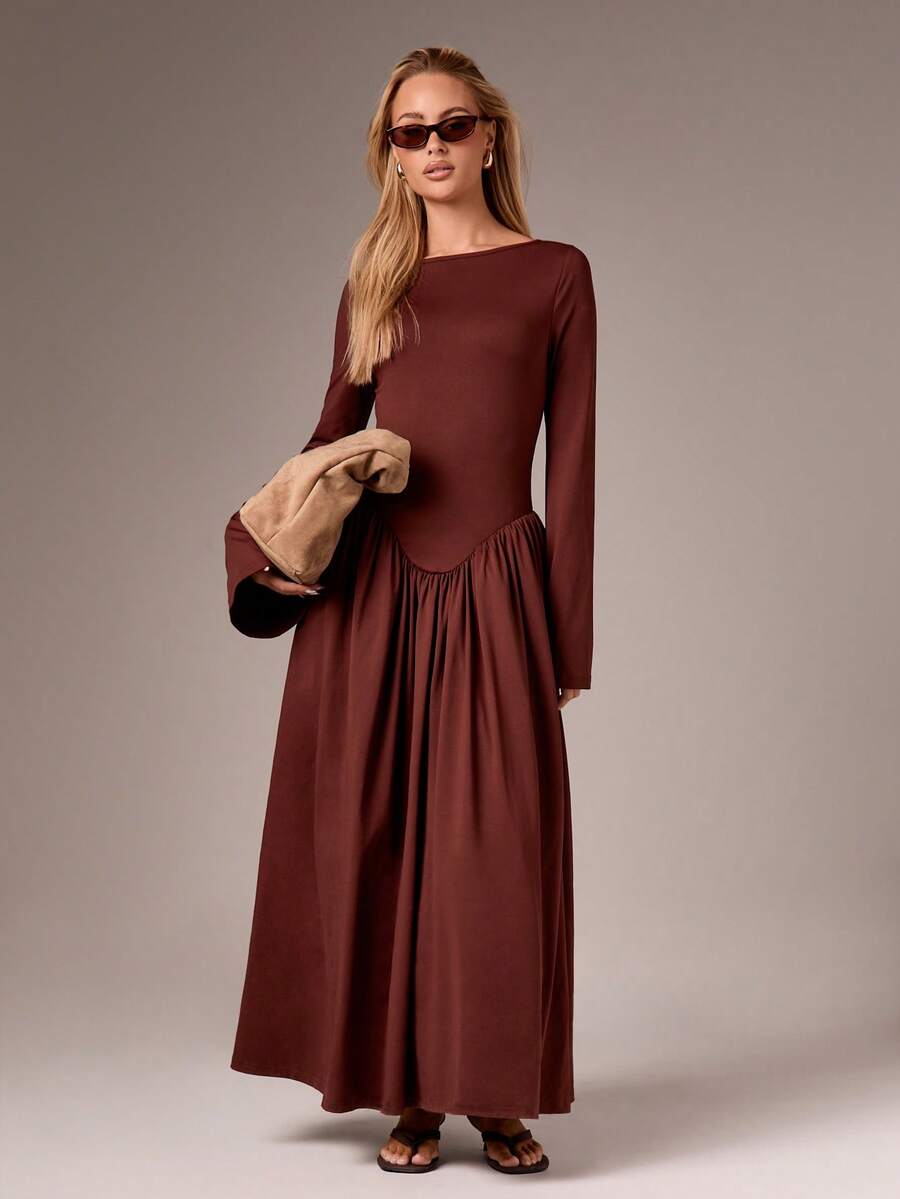 AiiRZ 长袖连衣裙，腰部收褶，裙摆飘逸，适合秋冬季派对、婚礼宾客穿着 - 棕色 - 查看 1
