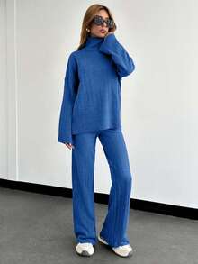 EURMUSE Solid Color Long-Sleeved Sweater And Knitted Trousers Two Pieces Set,Petite,Winter Clothes - Royal Blue - View 3