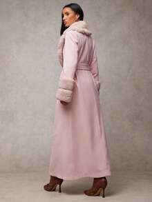 SHEIN BAE 女款嬰兒粉人造毛領羊毛混紡大衣，優雅長袖復古外套，適合秋季晚餐約會，時尚保暖冬季秋季外出穿搭 - 藕粉色 - 查看 2