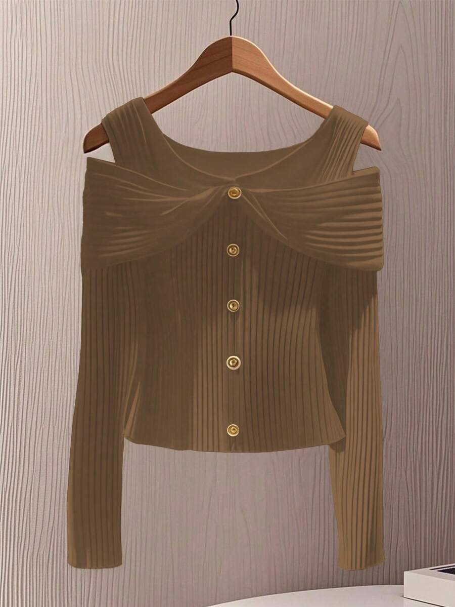 Women's Casual Cold Shoulder Button Decor T-Shirt, Solid Color, Suitable For Spring/Autumn Daily Commute - Coffee Brown - View 1