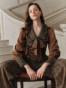 Anewsta Savoree French Retro High-End Loose Patchwork Lantern Sleeve Brown Shirt - Coffee Brown - View 6