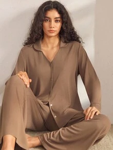 Ocili 女士纯色长袖上衣和裤子家居服套装，冬季服装 - 銅色 - 查看 4