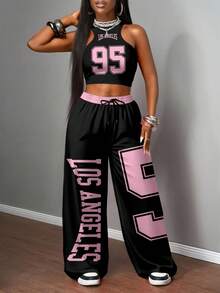 Slaydiva 2pcs/Set Women Casual Street Tight Tank Top And Loose Flare Leg Pants Set, Black And Pink "95s" Text Print Crew Neck Tank Top, Los Angeles Flare Leg Crop Top Sets Casual 2 Pieces Set 2 Pieces Summer Set Women 2 Pieces Pants Set Women Club Outfits 2 Pieces - Black - View 5