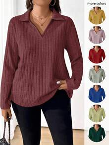 SHEIN LUNE 大码女式纯色翻领长袖罗纹休闲宽松T恤 - 紅木色 - 查看 1