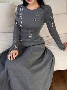 Feyla 女士时尚通勤长款水晶装饰连衣裙 - 深灰色 - 查看 6