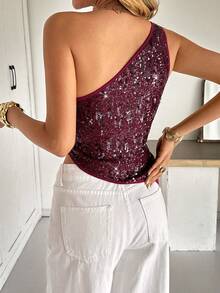 Siren Gaze 情人节酒红色扭结单肩上衣，优雅修身女式上衣，亮片闪耀，适合圣诞节、新年、派对、婚礼等场合，时尚百搭。 - 酒紅色 - 查看 4