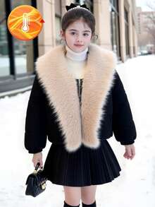 SHEIN Teen Girls' Minimalist Fashion Short Down Jacket With Furry Collar, Winter - Black - View 5