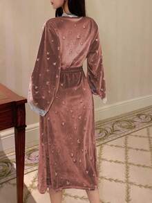 DAZY Butterfly Print Lace Patchwork Loose Long Sleeve Women Sleepwear Robe Pajama - Coral Pink - View 2