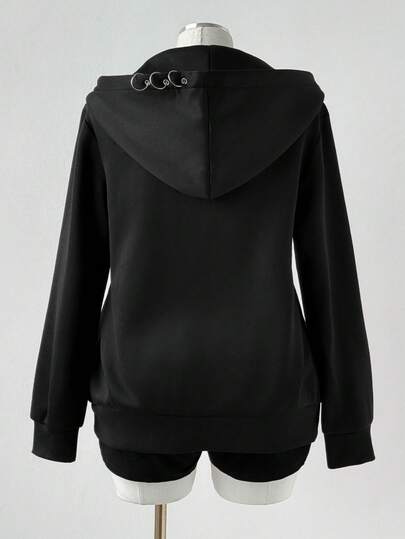 Sunspun Plus Size Hooded Eyelet & Ring Decor Punk Style Long Sleeve Sweatshirt