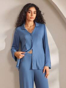 Ocili Damen Einfarbiges Langarm Einreihiges Top und Hose Pyjama Set, Winterkleidung - Blau - Übersicht 4