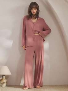 Ocili Bộ đồ ngủ thường ngày màu trơn cài nút phía trước cho nữ, áo dài tay trễ vai và quần dài, trang phục mùa đông - Màu hồng gỉ - Xem 4
