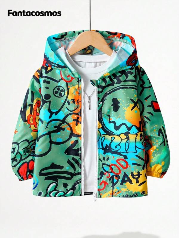 1pc Young Boy Casual Minimalist Street Graffiti Print Long Sleeve Jacket, Fashion Casual Design, Suitable For Summer Wear, Suitable For 4-7 Years Old Boys Daily Wear Fall Winter