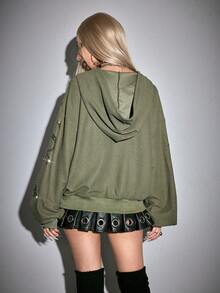 ROMWE Women's Street Style SLOGAN Rhinestone Embellished Sweatshirt - Army Green - View 3