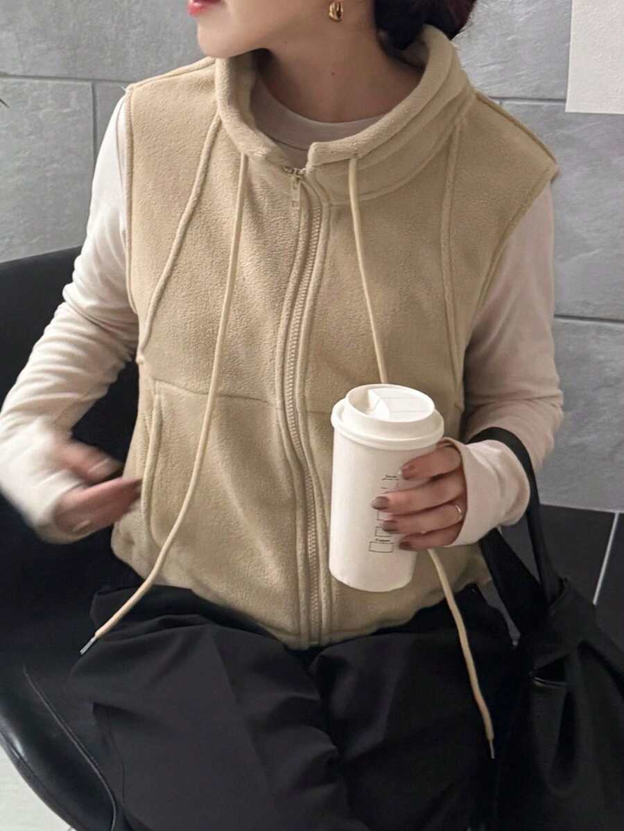 FRIFUL 女士休闲纯色无袖夹克，秋冬背心 - 卡其色 - 查看 1
