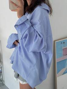 DAZY 女式宽松条纹领衬衫，百搭，蓝色，春夏秋长袖上衣 - 藍色 - 查看 2