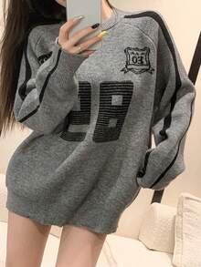 DAZY Women's Contrast Color Splicing Letter Pullover Sweater,Long Sleeve Tops,Fall Clothes - Grey - View 10